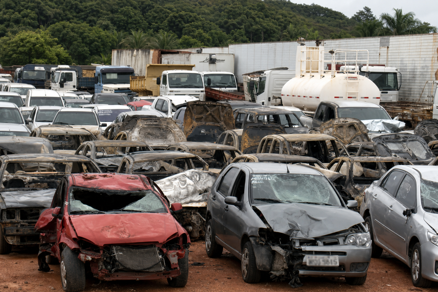 Pátio de veículos com carros batidos e avariados — consulte o histórico antes de comprar
